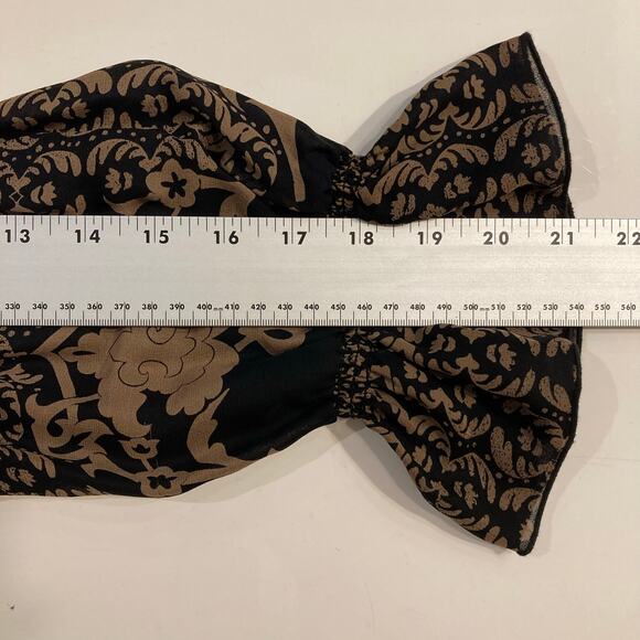 NANETTE LEPORE Blouse 10 Brown Silk Floral Crochet Pom Pom Long-Flare-Slv Lined - Picture 13 of 13